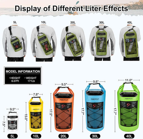 Piscifun Dry Bag, Waterproof Floating Backpack 5L/10L/20L/30L/40L with Waterproof Phone Case