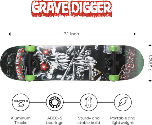 Monster Jam 31 Inch Skateboard, 7-Ply Maple Desk Skate Board for Cruising, Carving, Tricks, and Downhill