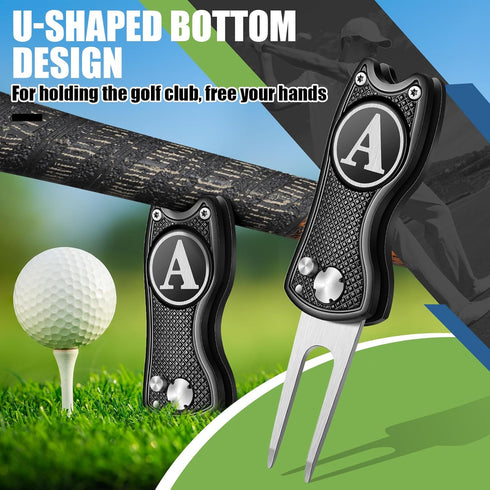 Golf Divot Repair Tool with Monogrammed Initial Golf Ball Marker, Foldable Metal Tool with Magnetic Putt