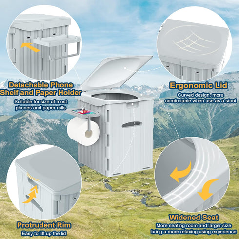 XL Portable Toilet for Adults, 15.4" H Foldable Camping Toilet with Detachable Phone Shelf and Lid for Hiking