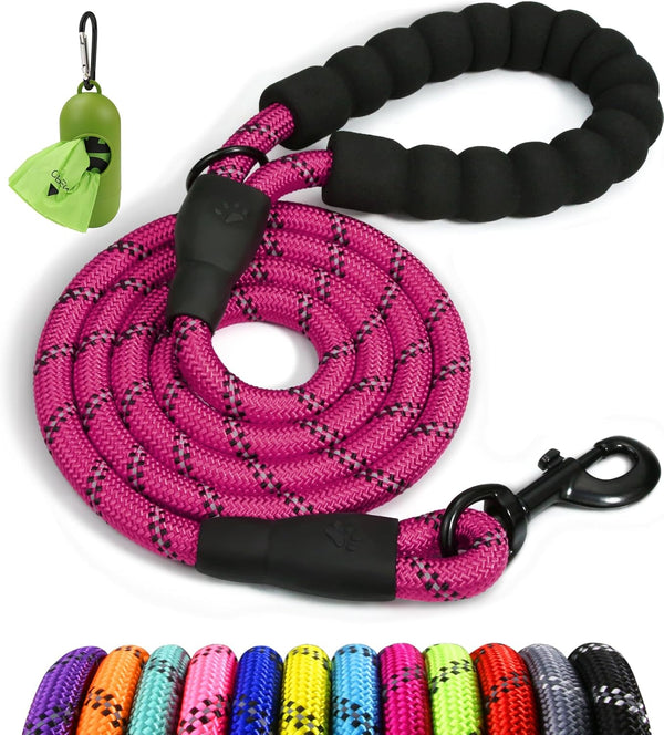 Taglory 6 FT Rope Dog Leash with Comfortable Padded Handle, Highly Reflective Threads for Medium Large Dogs, Hotpink