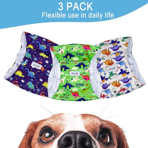 3 Pack Count, 3) Washable Male Dog Diapers: Reusable Belly Bands for Puppy - Absorbent Doggy Wraps (Dinosaur, Small