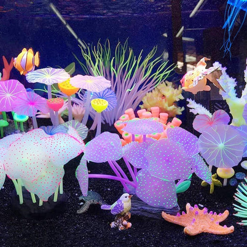 Cayway 6 Pack Aquarium Fish Tank Glowing Simulation Coral Plant Ornaments, Glowing Silicone Mushroom Lotus