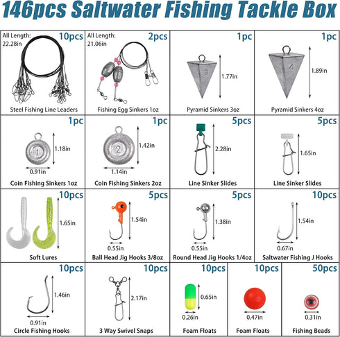 Saltwater Fishing Gear Set with Lures, Hooks, Pyramid Weights, Sinkers, Slides, Circle Hooks, Swivels, Floats, Beads