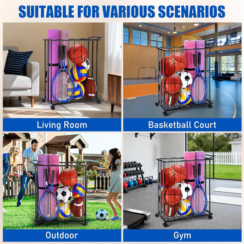 TOBWOLF Large Garage Ball Storage Rack with Wheels, Sports Equipment Organizer Rolling Ball Storage Cart, Freestanding