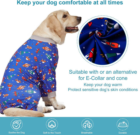 LovinPet Large Dog Pajamas, Navy Rocket and Spaceship Print, Lightweight Stretchy Knit Onesies for Dogs
