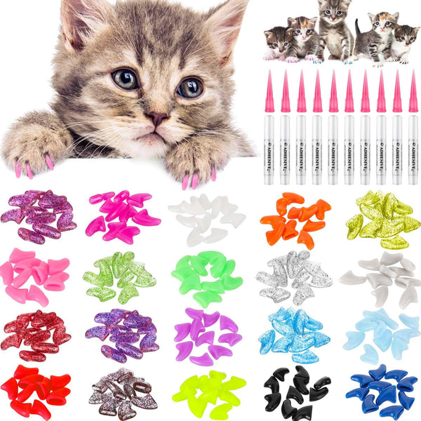 WILLBOND 200 Pieces Cat Claw Caps, 20 Color Nail Tips with 10 Adhesive Glues & 10 Applicators for Pets