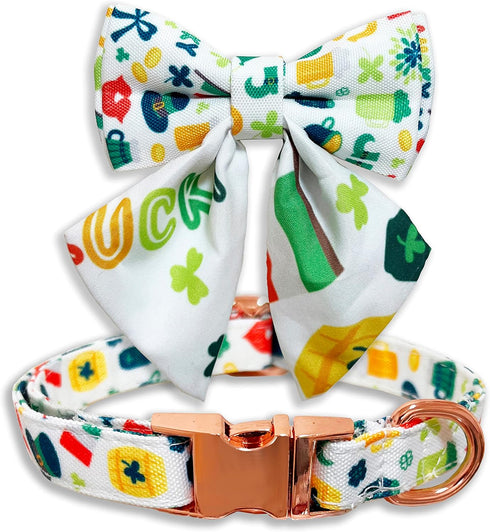 St. Patrick's Day Dog Collar with Bow Tie, Irish Shamrock Clover Collar for Small Medium Large Pets, Medium Size