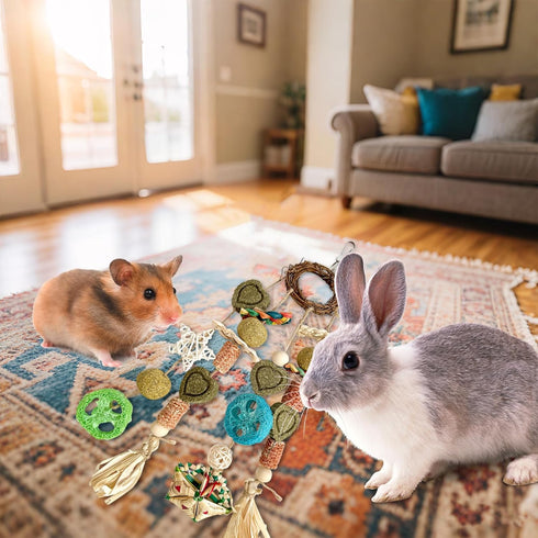 Chinchillas, Rabbit Toys for Bunny Boredom, Hanging Rodent Dental Toy with Papaya Stems Sweet Bamboo Hamsters, Guinea