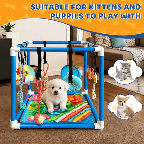8 (Blue,19.6 19.6 19.6 inch) Puppy Play Gym with Snuffle Mat & Hanging Toys Indoor Play Gym Interactive Dog Toys