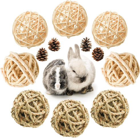8 Pcs Small Animals Play Balls - Rolling Activity Chew Toys for Rabbits Guinea Pigs Chinchilla Bunny Natural Balls