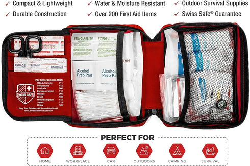 2-in-1 200 Swiss Safe First Aid Kit for Car, Travel & Home, Businesses - Bonus Mini Kit for Medical Emergency Aid