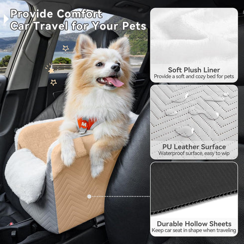 9 lbs PETSFIT Console Dog Car Seat, Portable Small Dog Car Seat with Safe Protective Hooks, Luxury Dog Carseat Includes