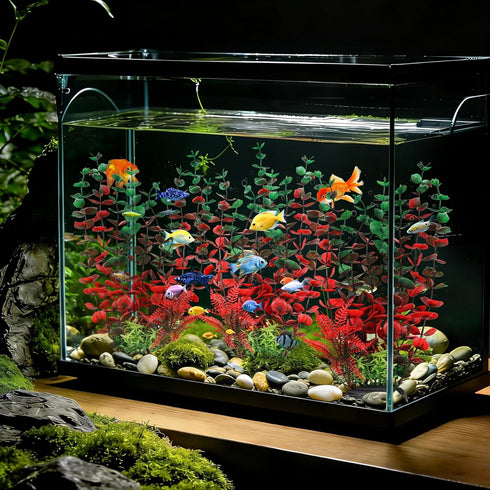 QUOZUO 3pcs Aquarium Large Plants Decoration, Aquarium Decorations Artificial Plastic Plants, Dark Red Fish Tank
