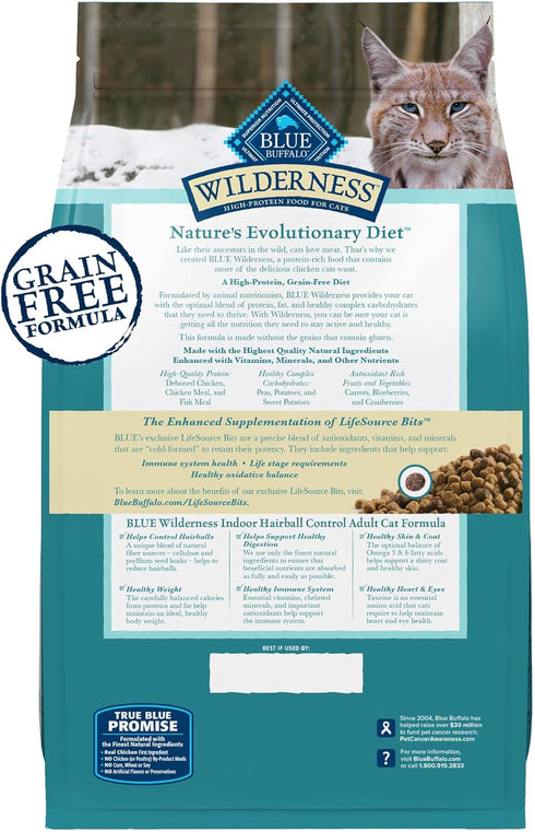 Blue Buffalo Wilderness High-Protein, Grain-Free Natural Dry Food for Adult Cats, Indoor Hairball Control, Chicken,