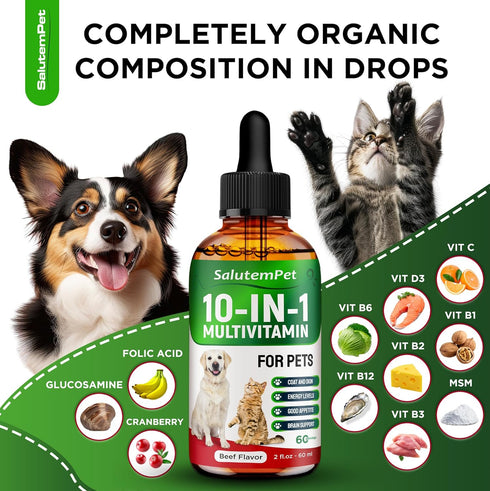 10-in-1 D3, 2 Oz at Vitamins for Indoor Cats Liquid Multivitamin for Dogs C, B Group, for Skin, Coat, & Breathing