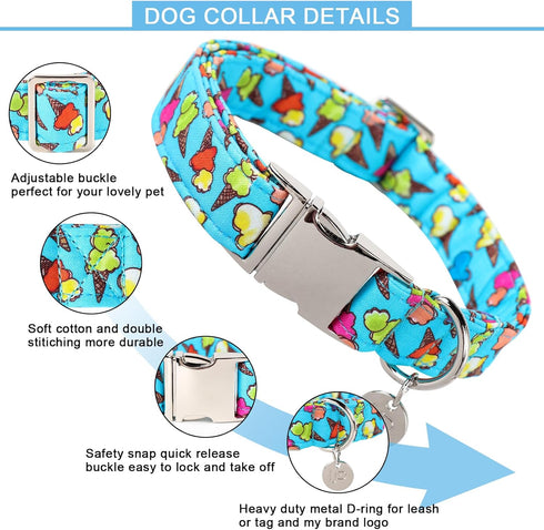 Ice Cream Summer Cotton Dog Collar, Metal Buckle Gift for Small Medium Large Girls or Boys Dogs, Cute Comfortable