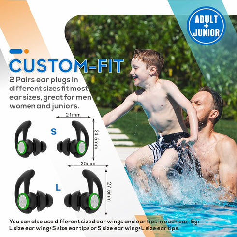 Hearprotek 2 Pairs Ear Plugs for Swimming, Reusable Custom-fit Swim Water Earplugs for Adults, Black