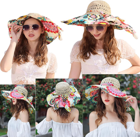 Summer Wide Brim Beach Hats for Women, Anti-UV Flower Floppy Foldable Roll Up Cap