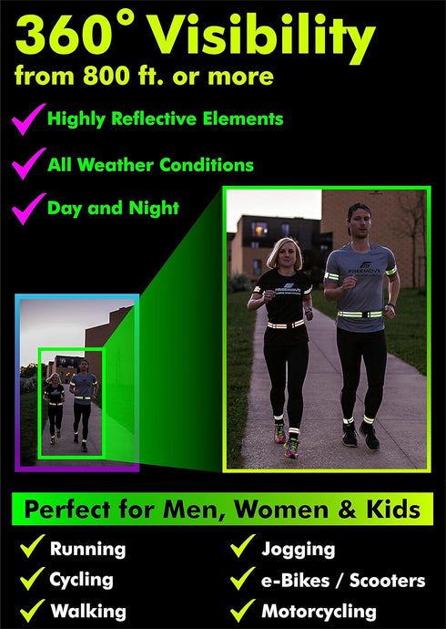 FREEMOVE Reflective SASH with 2 Bands or Reflective Runners Waist Belt with 4 Arm Bands for Visibility & Safety