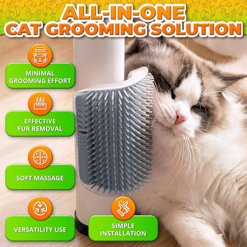 Cat Corner Scratcher - Self Groomer Wall Brush with Face Scratchers and Catnip for Indoor Cats - Easy to Install