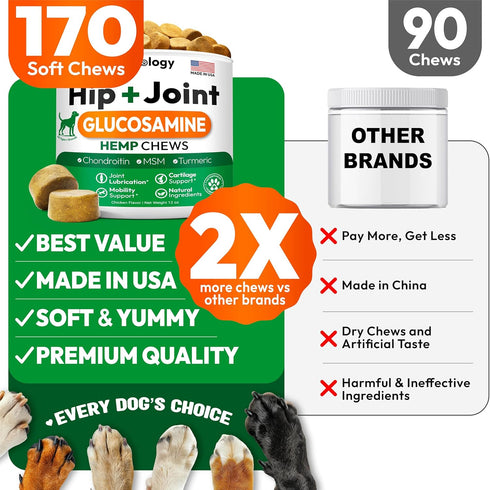 170 Hemp Hip and Joint Supplement for Dogs - Glucosamine for Dogs - Mobility Support Chews - Advanced Joint Pain Relief