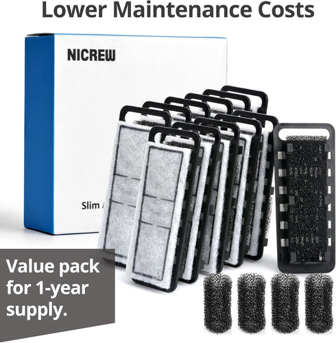 NICREW Slim Aquarium Filter Cartridges (12 pcs) with 4 Intake Sponges