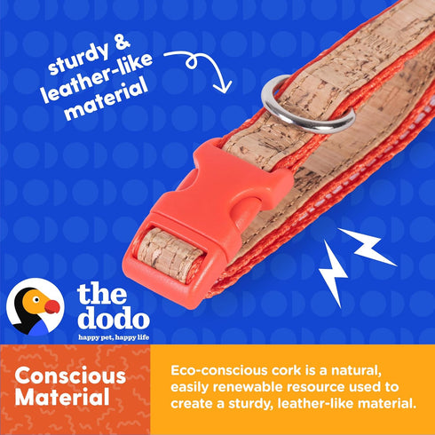 The Dodo Cork Dog Collar, Red Dodo Print, Size Large, Adjustable Snap Together, Pinch Release Buckle for Dogs.