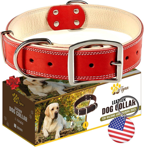 ADITYNA Heavy-Duty Premium Red Leather Dog Collar for Large Dogs - Padded for Walking, Training, Playing
