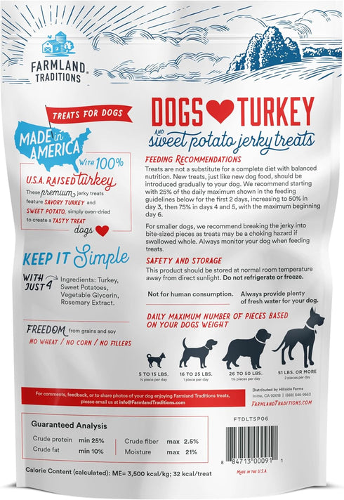 Farmland Traditions Premium Jerky Treats for Dogs, Filler Free Turkey & Sweet Potato, 6 oz. Bag
