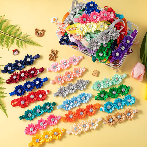 80 Pcs Dog Bowtie Flower Collars, Adjustable Girl Puppy Collars with Diamond Crystal for Dogs Cats Pet Supplies