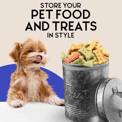Amici Pet Retro Treats Galvanized Relief Lettering Metal Storage Canister, Food Safe, 72 Ounces