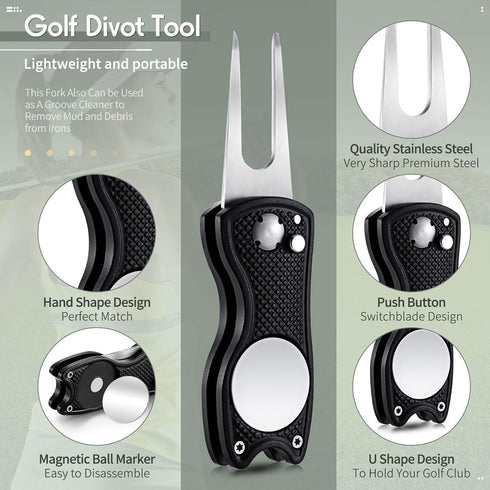 Skylety 4 Pcs Golf Divot Repair Tool - Metal Foldable Switchblade with Magnetic Pop-up Button Ball Marker