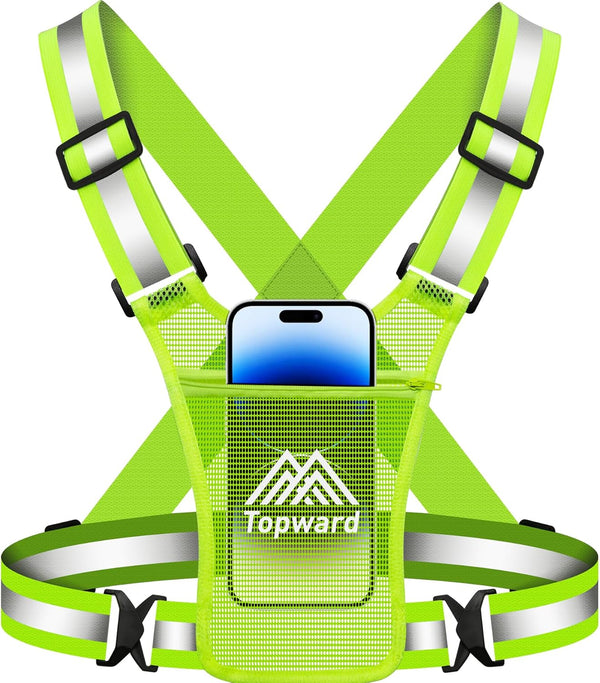 Running Vest Chest Phone Holder, Reflective Safety Gear for Dog Walking, Cycling - Adjustable Waist/Shoulder