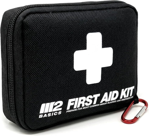 M2 150 BASICS Compact First Aid Kit, Pieces, Portable Emergency Kit with Carry Bag and Carabiner for Travel, Car