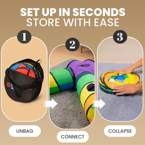 5-Way Genius Cat Tunnels for Indoor Cats - Large Customizable Tunnel Tube System with Hanging Toys, Storage Bag