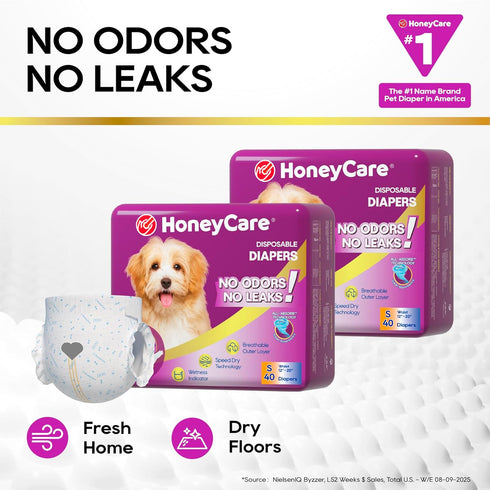 40 Count, (Pack 1, 40 Count HONEY CARE All-Absorb Disposable Female Dog Diapers Small Size, Improved, Super Absorbent