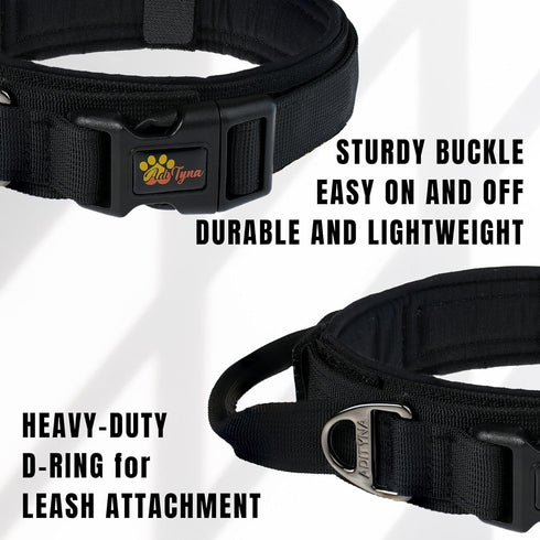 ADITYNA Tactical Dog Collar for Large Dogs - Soft Padded, Heavy Duty, Adjustable Black Collar