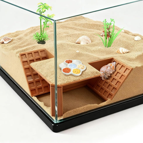 Hermit Crab Hideout Cave with Food Dishes & 2 Aquarium Plants Underground