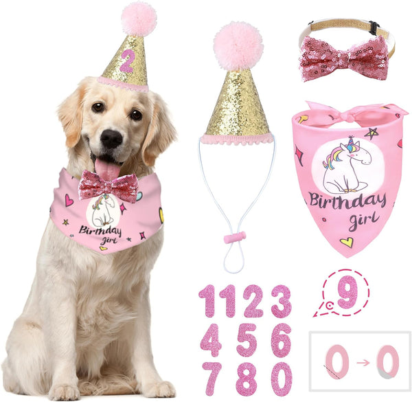 BANMODER Dog Birthday Bandana and Hat - Multi Size Square Scarf, Party Supplies for Large X-Large Dogs