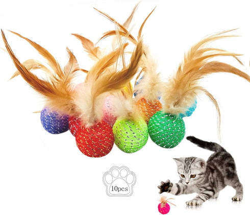 10Pcs Colorful Rainbow Flutter Balls with Feather and Bells for Indoor Outdoor Kitty Kitten Interactive Play