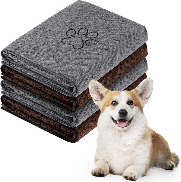 Chumia 4 Pack Extra Large Quick Drying Dog Towels, Absorbent Microfiber Pet Bath Towels (Gray, Coffee, 16 x 32 in)