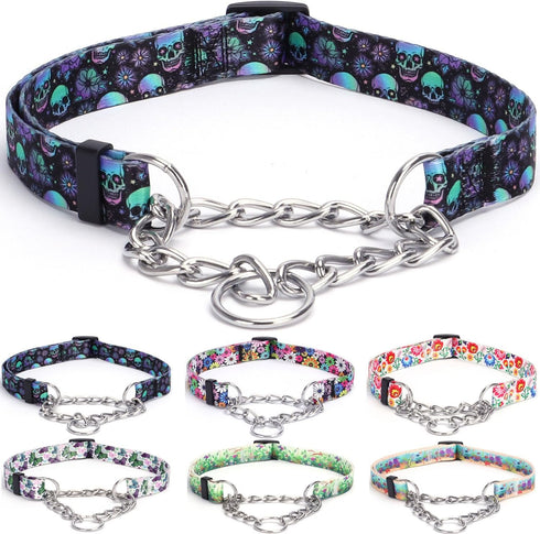 Martingale Collar, Training Dog Collar for No Pull Walking, Stainless Steel Chain Pet Collar, Flowers Design (L, Skull)