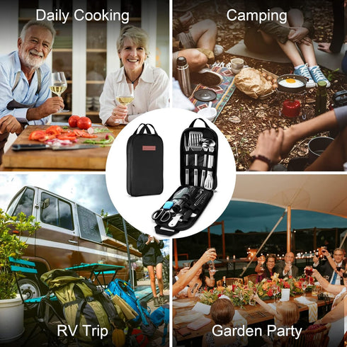 Odoland 14pcs Camping Cookware Set, Stainless Steel Cooking Utensils in Portable Carry Case for Outdoor Use