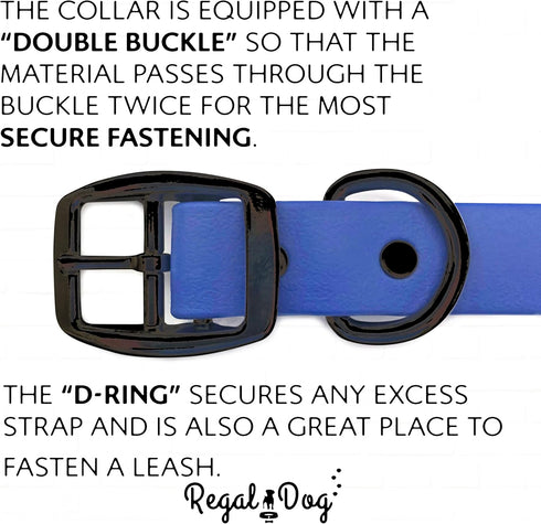 Regal Dog Products Medium Blue Waterproof Collar with Heavy Duty Black Hardware Buckle & D Ring | Adjustable Biothane