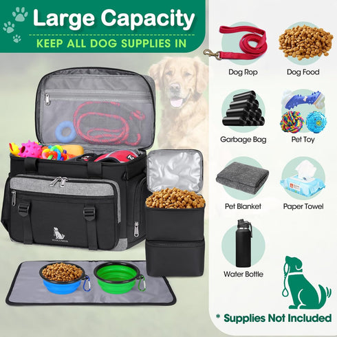IGOLUMON Large Dog Travel Bag Set, Multi-Pockets Tote Organizer with 2 Food Containers and Bowls