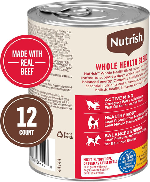 13 oz. 12 Count, Packaging Nutrish Real Beef & Veggies Recipe Whole Health Blend Chunks in Gravy Wet Dog Food, Can, May
