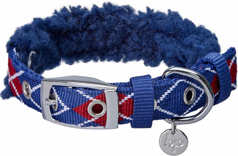 Blueberry Pet Soft Padded Dog Collar, Royal Blue Scottish Argyle Fleece for Small Dogs, Adjustable Neck 9-12.5"