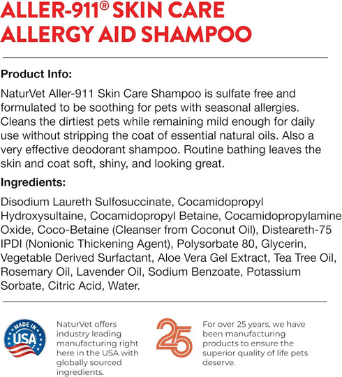 NaturVet Aller-911 Skin Care Allergy Aid Pet Shampoo With Aloe Vera - 16 Oz.