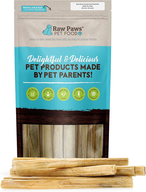 Raw Paws 10-inch Compressed Rawhide Sticks for Dogs, 10-ct - Natural Long Lasting Chews for Large & Medium Dogs
